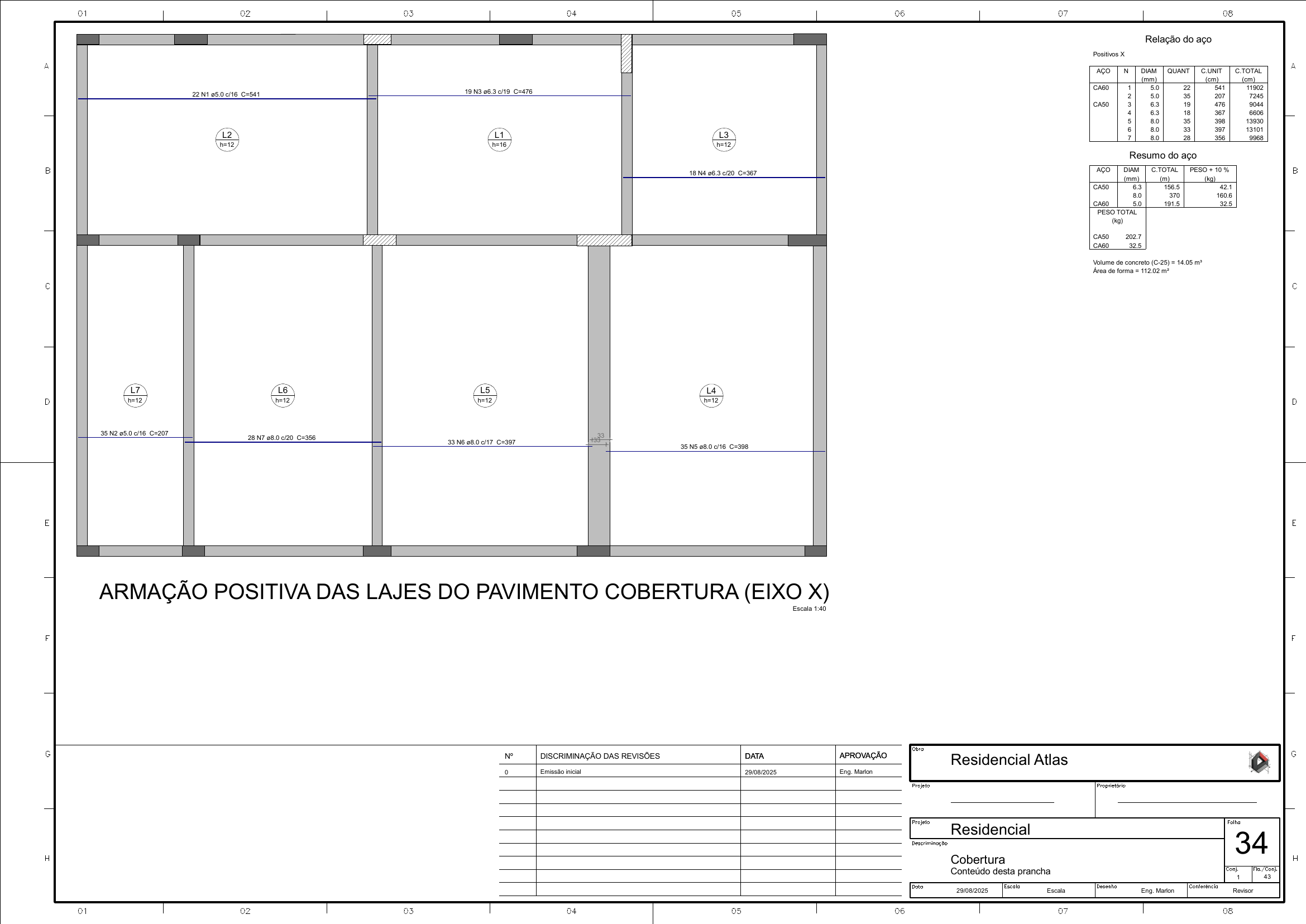 Prancha estrutural da cobertura do Residencial Atlas com armação positiva das lajes no eixo X