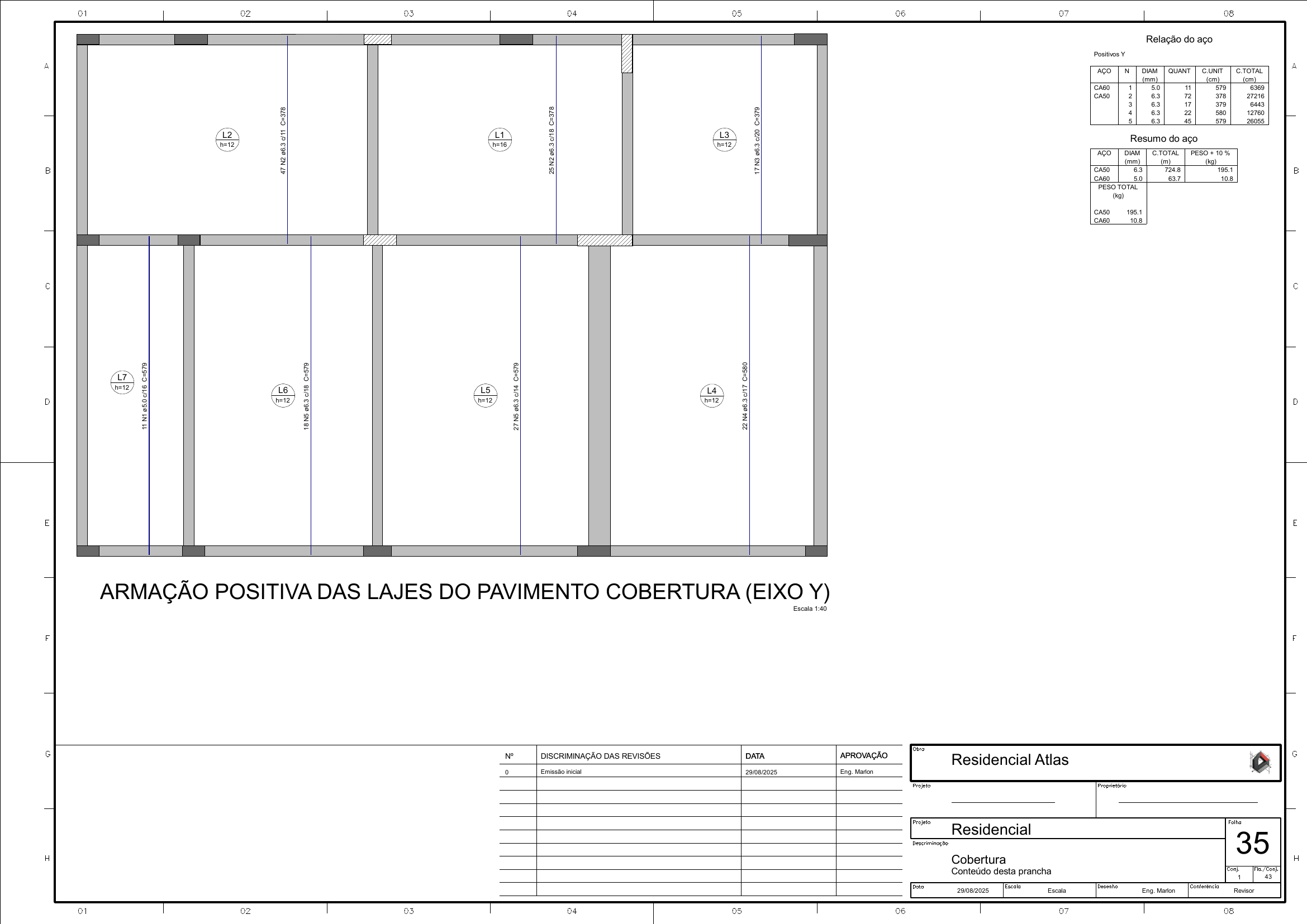 Prancha estrutural da cobertura do Residencial Atlas com armação positiva das lajes no eixo Y